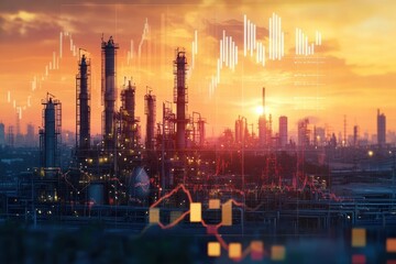 Petrochemical refinery at sunset with vibrant skies and silhouetted structures reflecting industrial beauty.
