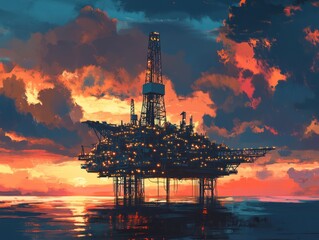 Obraz premium Offshore oil rig at sunset, ocean platform, energy production, dramatic sky