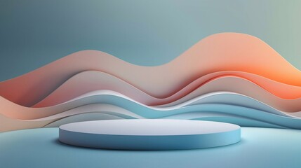 White round pedestal displaying products on abstract orange and blue teal background with soft lights creating a modern and elegant presentation empty background copy space