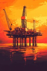 Obraz premium Offshore oil rig at sunset, ocean reflection, energy industry