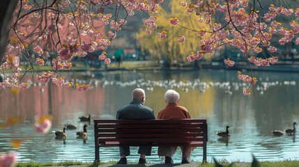 Senior couple enjoying peaceful moment on park bench by lake, surrounded by blooming cherry blossoms in springtime, creating serene and romantic atmosphere