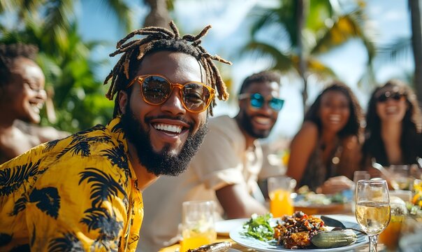 a group of people dining al fresco on a sunny day with one smiling at camera.