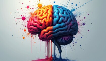 Human brain concept with creative, logical parts. Splattered paint evokes artistic, innovative mindset. Formulas symbolize mathematical success. Colorful brain side view for science, medicine,