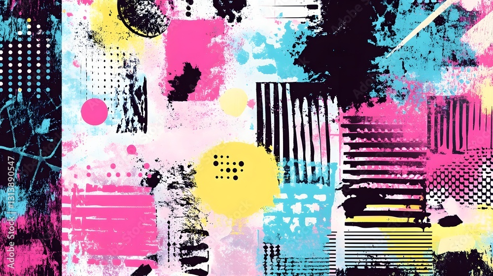 Aufkleber Vibrant Abstract Digital Painting with Colorful Splatter and Geometric Patterns