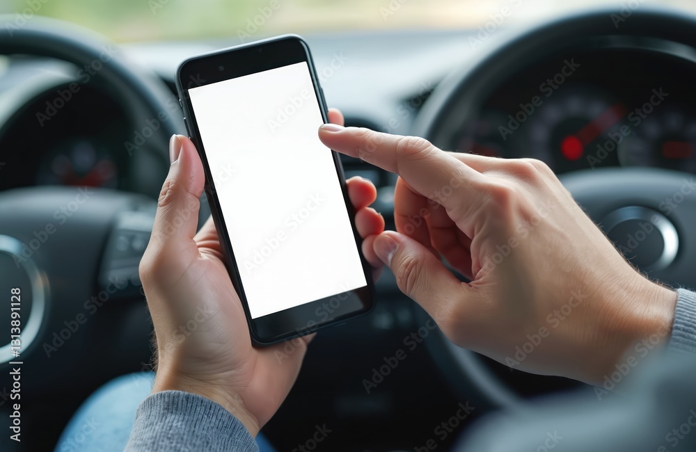 Aufkleber Close-up of man driving car, using smart mobile phone with blank white screen. Driver uses app for navigation, communication while traveling. Concept of modern tech in vehicles.