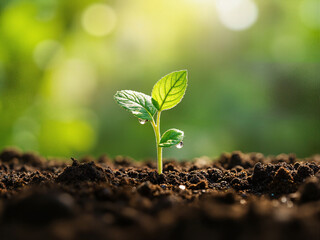 Fototapeta premium Tiny seedling emerges from dark soil, illuminated by sunlight, symbolizing new beginnings and growth.