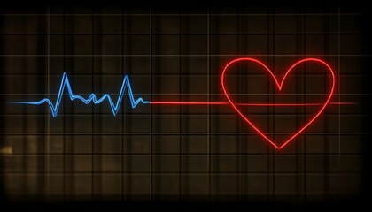 Glowing Digital Heart With Heartbeat Trace On A Grid Background, Vector Illustration.