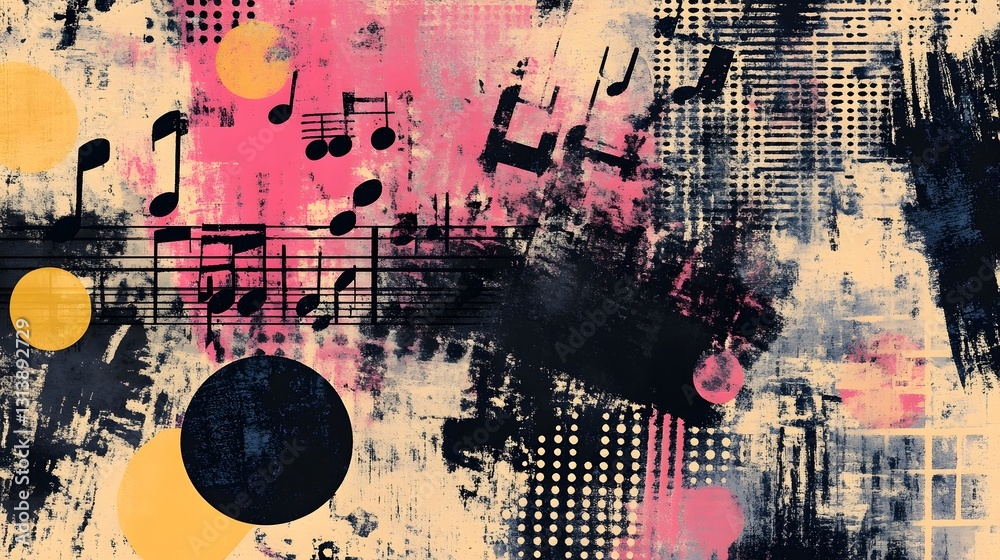Poster vibrant abstract expressionist composition with energetic brush strokes and splattered musical notes