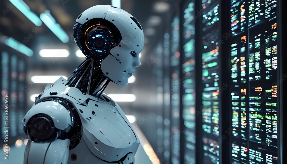 Poster exploring robot intelligence data center digital art futuristic environment side view technology con
