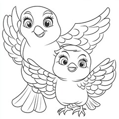 Fototapeta premium A digital illustration featuring a black and white image of a bird and its nestling