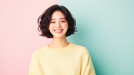 Fototapeta premium Asian woman short dark brown hair pastel yellow sweater smiling