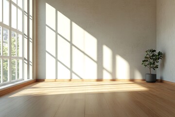Fototapeta premium Natural light fills a spacious indoor area with a small plant near the window in a modern building
