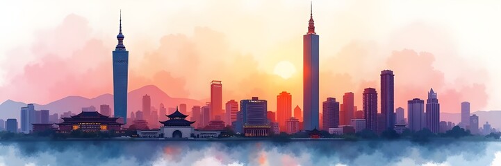 Taipei capital city skyline with monument landmarks Travel Taiwan Tourism Panaroma Cityscape Urban Architecture Watercolor illustration banner