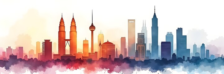 Obraz premium Kuala Lumpur capital city skyline with monument landmarks Travel Malaysia Tourism Panaroma Cityscape Urban Architecture Watercolor illustration banner