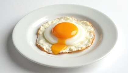 One fried egg on white plate isolated on bright white background. Yolk dripping. Healthy protein chicken cholesterol breakfast diet food. Cooking ingredient for morning meal. Cooked tasty dish.