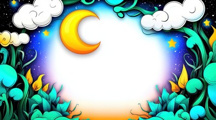 Crescent moon above plants at night, shining down in an fantasy art frame background