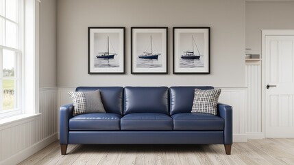 Modern Blue Sofa with Art Prints in Bright Living Room Space