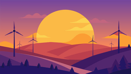 Obraz premium As the sun dips below the horizon the wind turbines continue to spin providing clean energy for the night ahead.. Vector illustration