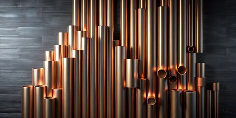Obraz premium Abstract Metallic Cylinders Arranged in an Ascending Pattern Against a Dark Background