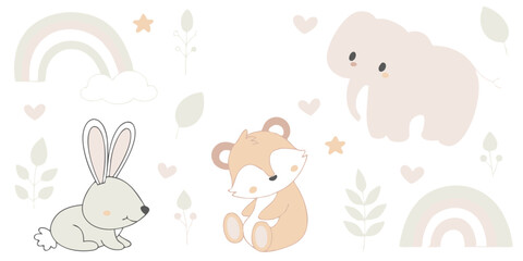 Cute Boho Safari Animals Illustration – Pastel Lion, Elephant, Rainbow & Nature Elements