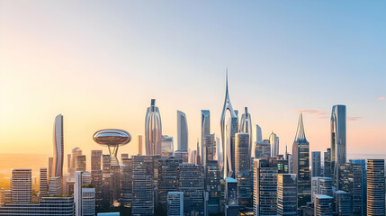 Naklejka premium Futuristic Cityscape At Sunset With A UFO Hovering Over Modern Buildings And Illuminated Skyscrapers In An Aerial Perspective
