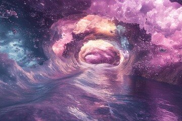 Fototapeta premium A purple and blue ocean with a purple wave. The ocean is full of stars and the sky is filled with clouds