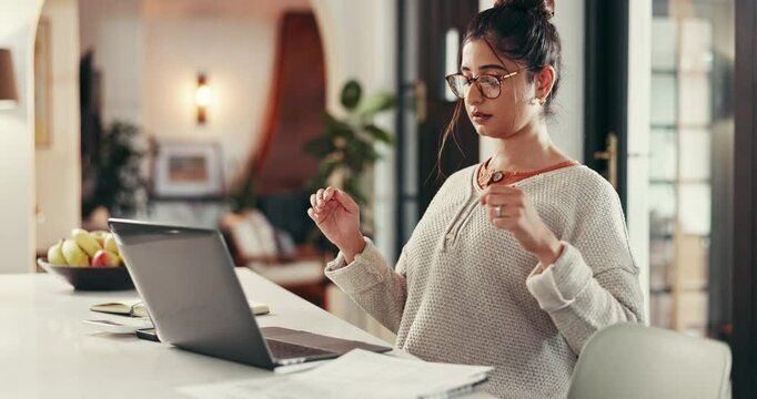 Freelancer, woman and laptop in home with back pain of bad posture, overworked or spine injury. Remote work, entrepreneur and typing on technology with ache, burnout or ergonomics mistake for tension