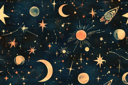 A classic cosmic design featuring constellations, moons, and comets in a seamless repeat, rendered in vintage-inspired colors.