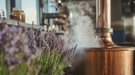 Lavender hydrosol being distilled, steam rising from a copper still