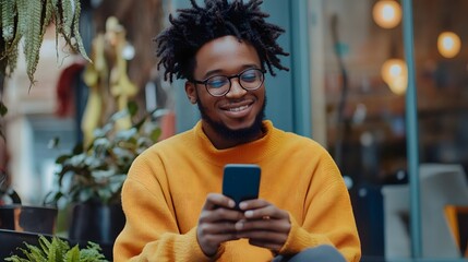 Mindful Tech Usage Young African Man Smiling While Using Smartphone in Urban Cafe Environment