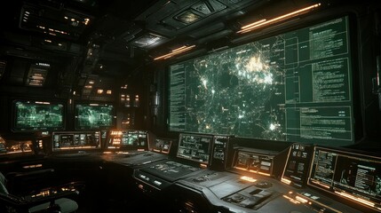 Futuristic spaceship control panel with multiple screens displaying data and maps