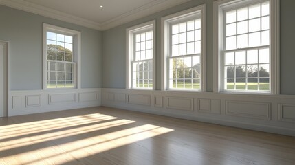 Fototapeta premium Bright and Spacious Empty Room with Large Windows and Sunlight
