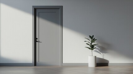 Minimalist interior with plant and door in soft natural light