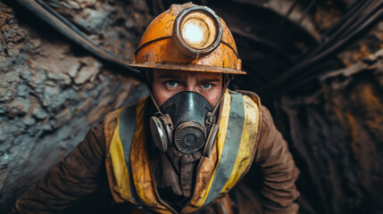 Miner in a helmet with a headlamp, reflective vest