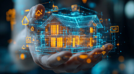 Futuristic 3D holographic model of smart home in human hand, demonstrating advanced technologies