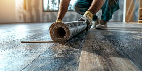 construction worker rolling out vinyl flooring over a wooden floor in a modern home, emphasizing renovation, home improvement, and interior design.