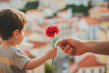 Father giving a red carnation flower to his son on Freedom day of Portugal. Remembering Carnation revolution of 25th of April of 1974	