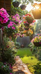 Obraz premium Vibrant Flower Garden Pathway with Hanging Baskets at Sunset
