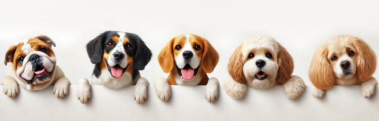 Adorable Dogs Peeking Over a White Wall, Perfect for Website Banners, Row of Cute Dogs Peeking Over a Blank White Sign, Ideal for Social Media