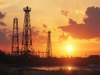 Obraz premium Oil refinery sunset silhouette, industrial landscape, energy production