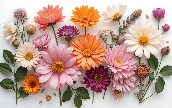 close up, flowers in full bloom botanical beauty on white background