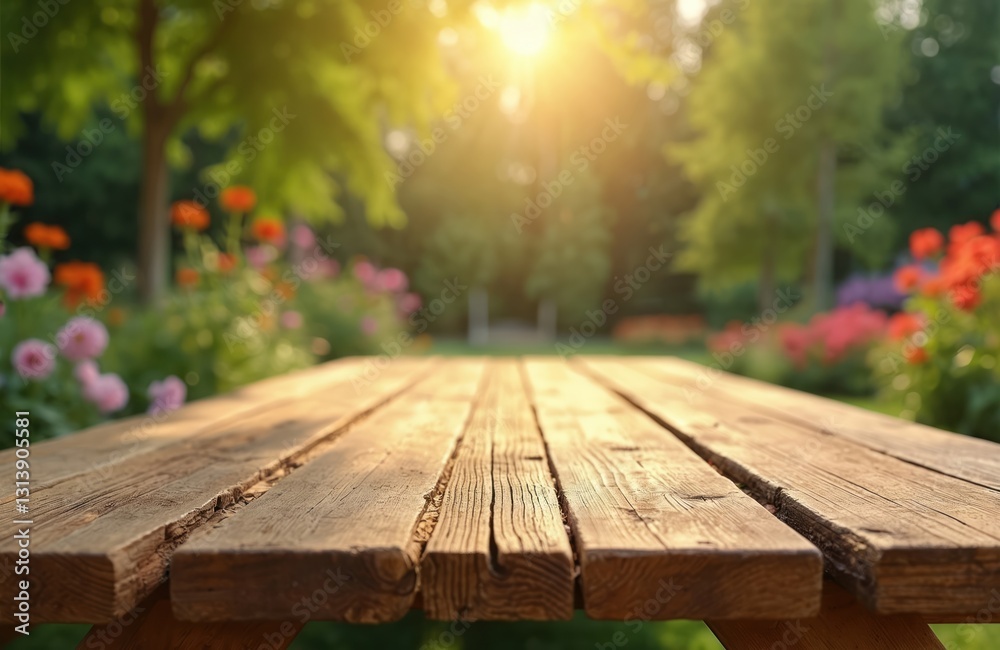 Aufkleber wooden table top background with blurred flowers and plants. garden picnic table with sunlit nature 