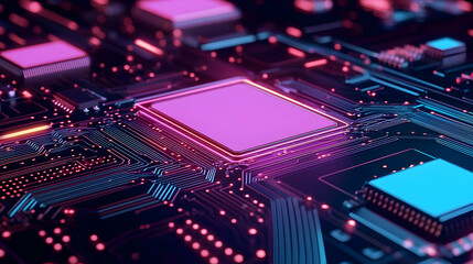 Fototapeta premium Close Up of a Pink Microchip on a Dark Circuit Board with Blue and Purple Accents in a Futuristic Technology Design