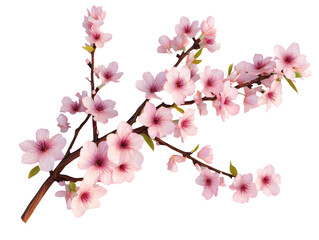 Cherry blossom branch with delicate pink flowers on display on a transparent background