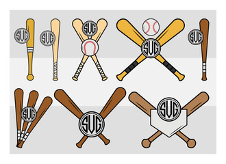 Baseball Bat Circle Monogram, Baseball Bat Silhouette, Sports Svg, Baseball Stick Svg, Bat Svg, Circle Monogram,  