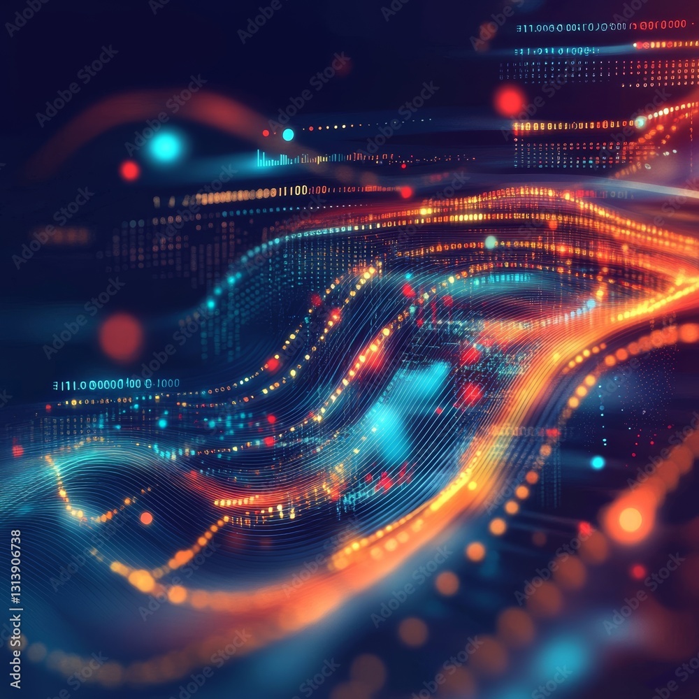 Poster this vibrant abstract background features colorful light trails and flowing data waves, creating a d