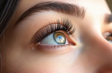 Naklejka premium Closeup of beautiful eye with long black eyelashes extensions, smooth skin, brow shape. Concept of lash extensions treatment, beauty salon procedure, cosmetology. Green-blue iris with reflection.