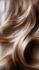 Naklejka premium Beautiful model girl with Brown hair strand,silky healthy chestnut wavy hair strand,hair wavy ribbon, with smooth,Keratin straightening,Treatment,straight long hair,procedures,Smooth hairstyle.