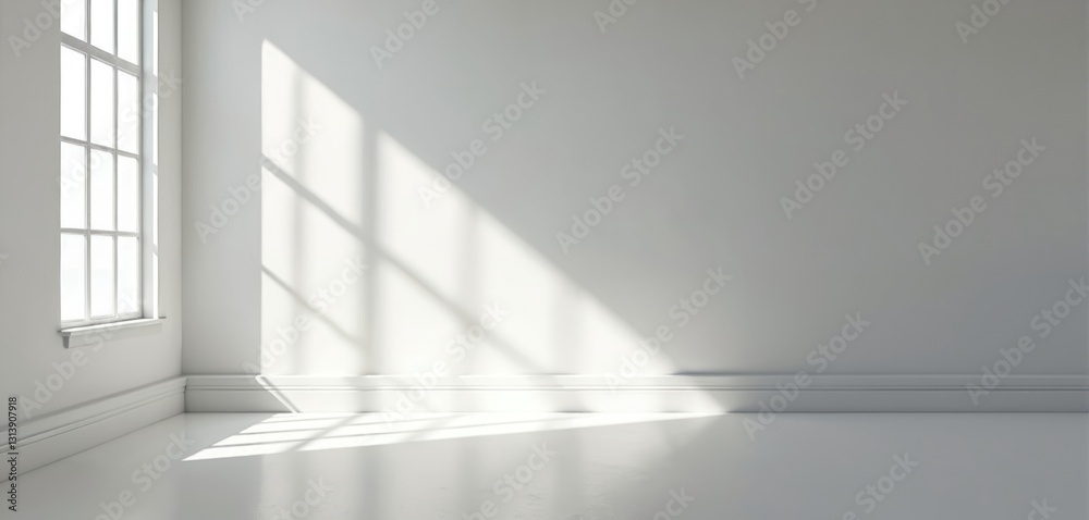 Aufkleber white room with window light, soft shadows on floor. minimalist interior, sunlight rays create abstr