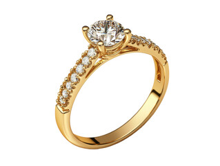 Elegant gold ring with sparkling diamond centerpiece and accents on a transparent background